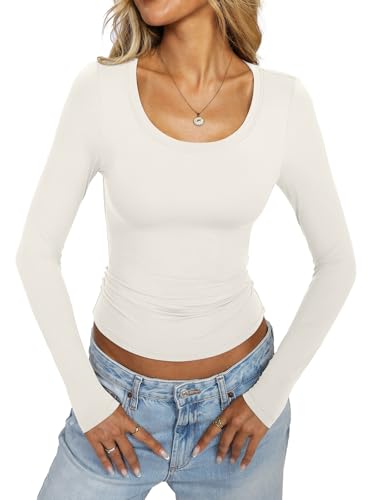 Womens Double Lined Scoop Neck Long Sleeve Shirts Fitted Basic Tee Y2k Going Out Tops Fall Clothes 2025