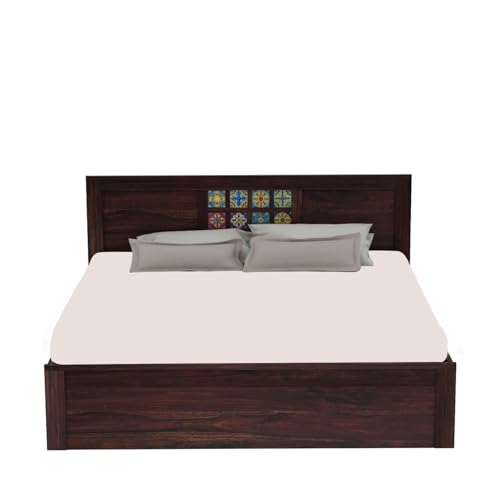 Image of Sheesham Wood King Size Bed Without Storage | Wooden Bed King Size Double Cot Palang Bed for Bedroom | Tile Design Headboard Bed for Living Room | Walnut Finish