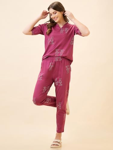 Image of AV2 Women's Cotton Printed Round Neck Short Sleeve Nightsuit Set | Pajama Set | Casual Night Dress for Women- 2887