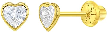 14k Yellow Gold 4mm Bezel Set Heart Cubic Zirconia Screw Back Earrings for Baby Girls, Toddlers and Young Girls – Cute Heart Earring Studs for Children with Locking Screw Backs for Kids