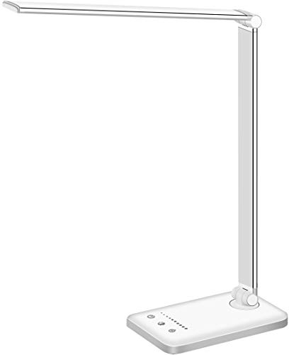 LED Desk Lamp Dimmable Table Lamp Reading Lamp with USB Charging Port, 5 Lighting Modes, Sensitive Control, 30/60 Minutes Auto-Off Timer, Eye-Caring Office Lamp (White)