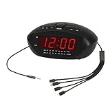 Digital Alarm Clock with USB-C, Micro USB, Mini USB & Apple-Style 8-Pin Charging Cables | AM/FM Clock Radio with Red LED Display, AUX Input, Loud Alarm for Heavy Sleepers | Desk or Bedside Clock