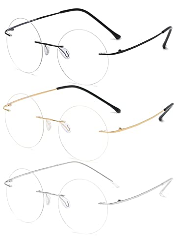 KOOSUFA Round Rimless Titanium Reading Glasses Blue Light Blocking for Men Women Lightweight Fashion Frameless Eyeglasses Readers Eyewear Transparent Black+golden+silver 2.0
