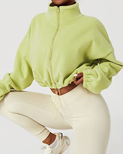 Qinsen Full Zip Fleece Jacket For Women Active Winter Warm Crop Sweatshirt Drawstring Fit Coat Lime Green S #TOP3