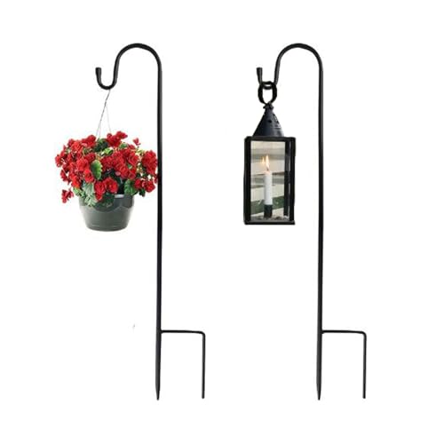 Alytimes Shepherds Crooks Height Adjustable Festoon Pole 80.5 CM/31.6 in Garden Lantern Shepherds Hook with Base for Hanging Basket Stand Patio 4 Sections Stitched (Black) (2)