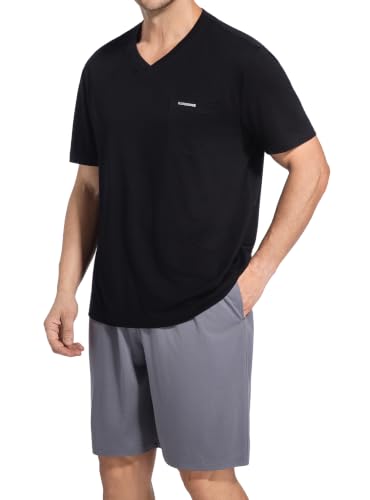 Image of SlumberMee Mens Cooling Pajamas Set Soft Bamboo-like Viscose Short Sleeve Sleepwear 2 Piece Lounge Set for Hot Sleepers