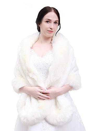Bridal Faux Fur Wrap Wedding Fur Stole with Brooch Evening Party Warm Shrug Cape