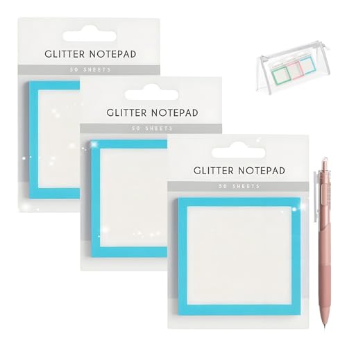 Glitter Notepad Sticky Notes, 2026 ȃXp[NXebL[m[g, Glitter Post It Notes Stick, y킢ȔSpbh, 郊Xg, ItBXpi(Blue-3pcs)