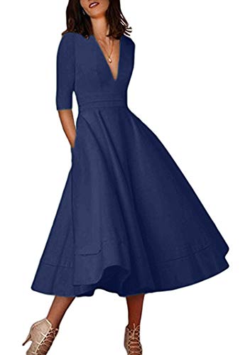BOFETA Womens Deep V Neck Cocktail Elegant Dress Half Sleeve Vintage Solid Dress S-3X, Navy Blue, X-Large