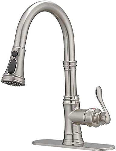 Bathfinesse Kitchen Sink Faucet Brushed Nickel with Pull Down Sprayer 3 Mode Faucet for Kitchen Sink Single Handle High Arc Commercial Stainless Steel Pull Out RV Kitchen Faucet Bar,Deck Plate Include