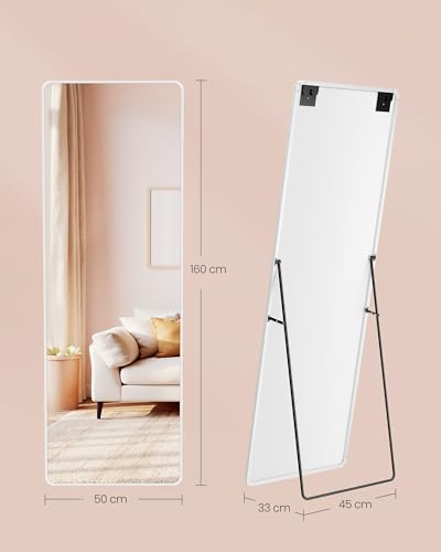 SONGMICS Specchio a Figura Intera, 160 x 50 cm, Specchio da Terra Rettangolare con Supporto, Cornice in Lega di Alluminio, Vetro Temperato, Camera da Letto Soggiorno, Bianco Opaco LFM030WC01 - Immagine 5