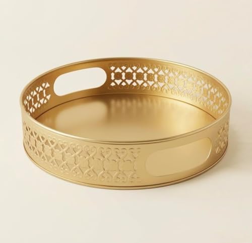 Image of Premium Round Gold Metal Decorative Tray (8-Inch) - Handcrafted Cutwork Serving Platter for Home Decor, Coffee Table, Ottoman, Vanity, and Gifting - Antique Gold Finish
