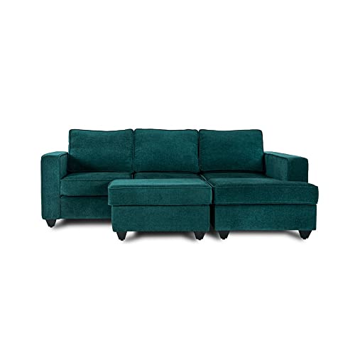 Image of Wakefit Sofa Set for Living Room | 3 Year Warranty | L Shape Sofa, Sofa Set, Wooden Sofa Set for Living Room, 2 Seater Sofa + Right Aligned Chaise + Ottoman - Napper (Fabric, Malibu Green)