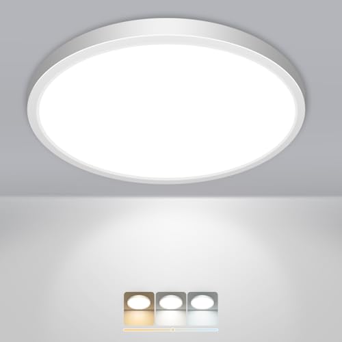 Image of slochi Bathroom Light, 3000K/4000K/6500K 3 Color Temperature, Waterproof IP44, Round, Modern, Flush Ceiling Light for Bathroom, Kitchen, Bedroom, Hallway and MoreØ22CM(White)