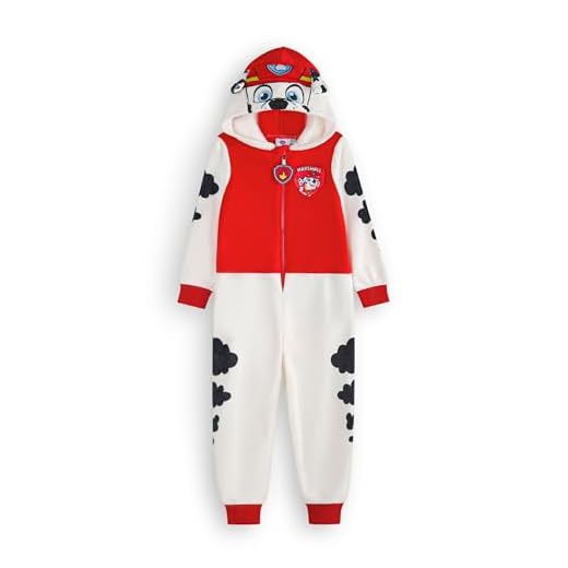 Paw Patrol Marshall Grenouillère pour Garçons & Filles | Pyjama Tout-en-Un pour Enfants en Blanc & Rouge | Combinaison de Nuit Unisexe avec Capuche Brodée et Oreilles 3D