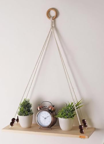 Image of Hanging Shelf with Magic Hook, Use Decor Plants, Books, Decorative Gift Items Nursery Livingroom Wooden Beads & Ring Woven Bohemian Chic for Dorm (Black Beads, Medium)