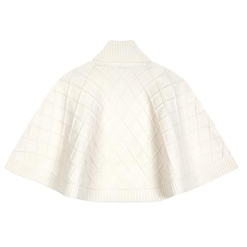 Cable Knit Poncho for Girls, Kids Shawl Sweater Cape Holiday Pullover Diamond Check Cloak with Buttons for 5-12 Years2