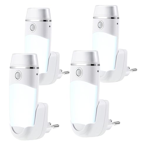 Hiboom 4 Lámparas Nocturnas con Detector de Movimiento Linternas de Noche con Sensor Luces de Emergencia con Enchufe EU Foco LED Extraíble 4 en 1 Recargable con Batería para Corte de Energía Escalera