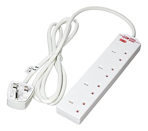 4 GANG 2 METRE EXTENSION + SURGE PROTECTOR White Compact Slim 3-Pin Plug 13A For Home and Office Electric Appliances Indoor Use