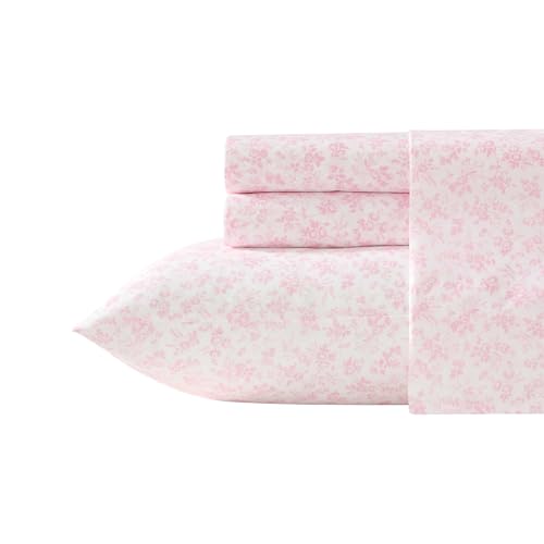 Image of Laura Ashley - Queen Size Sheet Set, Crisp & Lightweight Cotton Percale Bedding with Fitted Sheet and Pillowcases, Floral Room Decor, Deep Pocket, College Dorm Room Essentials (Floral Toile Pink)