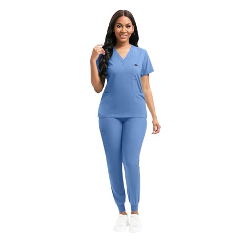 YEZEX Scrubs for Women Set, Stretch V-Neck Top & Jogger Scrub Pants, CeilBlue — view 2