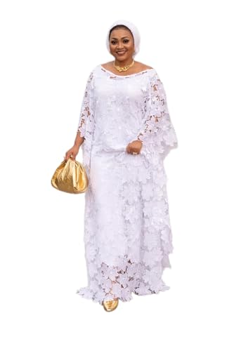 Image of Women's White Floral Lace Kaftan Maxi Dress, African Traditional Gown, Loose Fit, for Weddings and Special Occasions (5, White)