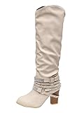  Minetom Damen Hohe Stiefel Winter Sexy Mode Casual High Heels Boots Blockabsatz Niet Schnalle Leder Lange Stiefel Schuhe Beige 38 EU