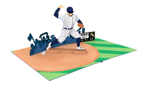 Baseball - 3D Pop Up Greeting Card For All Occasions - Love, Birthday, Christmas, Sports, Congrats - Removable Personalized Message Note - Thick Envelope, Fold Flat - 5x7 Inch (Pitcher Navy Uniform)