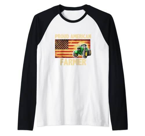 Proud American Farmer USA Flag Patriotic Farming Camiseta Manga Raglan