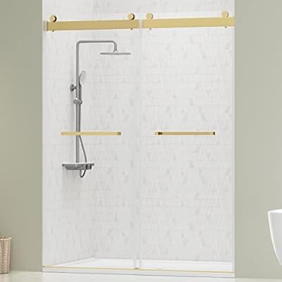 DELAVIN 56"-60" W x 75" H Frameless Shower Door, Double Sliding Shower Door, Glass Shower Door with 5/16" (8mm) Clear SGCC Tempered Glass, Explosion-Proof Film, Stainless Steel Hardware, Gold