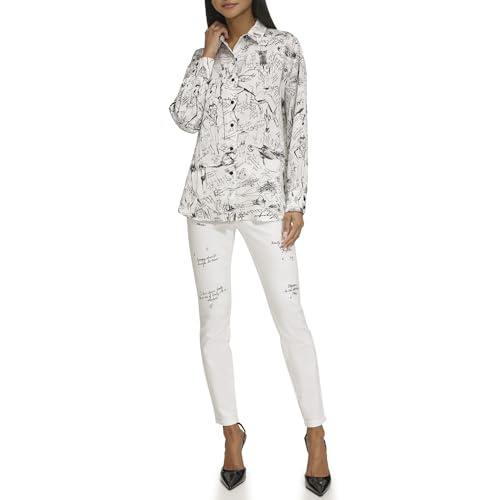 KARL LAGERFELD Paris Women's Sport Printed Oversize Blouse,Soft White Black,Small