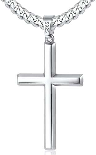 Lovjewl 925 Sterling Silver Cross Necklace for Men Boys, Sterling Silver Mens Cross Necklace with 4mm Stainless Steel Cuban Link Chain, Silver Chains for Men 20 Inch