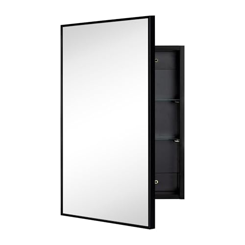 Image of TEHOME 16.5'' x 24'' Black Recessed and Surface Mount Bathroom Medicine Cabinet with Mirror Matt Black Square Cornered Metal Framed Rounded Rectangle Medicine Cabinet Mirror