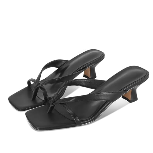MICIFA Kitten Heel Sandals for Women Low Heels Flip Flop Fashion Strappy Mule Heels Rounded Open Toe Casual Slides Heeled Thong Sandals Women