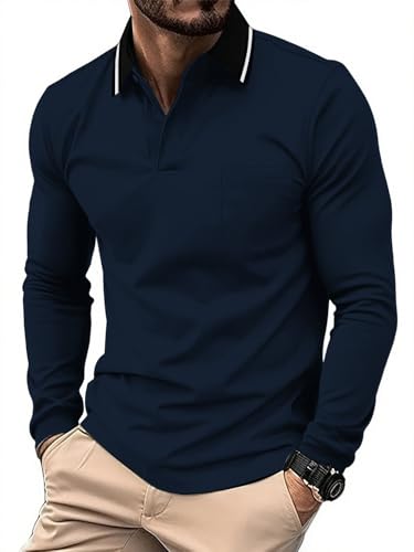 JACKETOWN Polo para Hombre Polo Manga Larga Camiseta de Golf Trabajo Transpirable T Shirt con Bolsillo Primavera Otoño Camisetas de Senderismo Pesca,Azul Marino,L