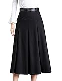 Tanming Womens Winter High Waist A-Line Pleated Wool Midi Skirt with Belt Loops (Black, X-Large)