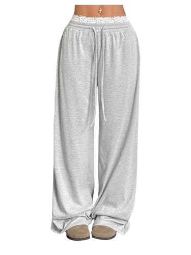 WDIRARA Women's Lace Trim Drawstring Waist Wide Leg Pants Loose Lounge Pants with Pockets