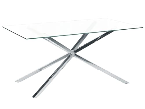 Tavolo da pranzo rettangolare con piano in vetro temperato trasparente 160 x 90 cm gambe in argento