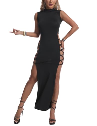 PARUPRUP Damen Y2K Schwarz Rave Outfits Bodycon Kleid Hoher Schlitz Schn&uuml;rung &Auml;rmellos Bandage Cocktail Party Clubkleider (DE/NL/SE/PL, Alphanumerisch, XL, Regular, Regular, Schwarz)