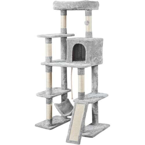 Soberine Tiragraffi per Gatti Alto 160 cm Albero per Gatti in Peluche Multilivello con 1 Grotta 2 Trespoli 1 Amaca 1 Pompon Grigio scuro