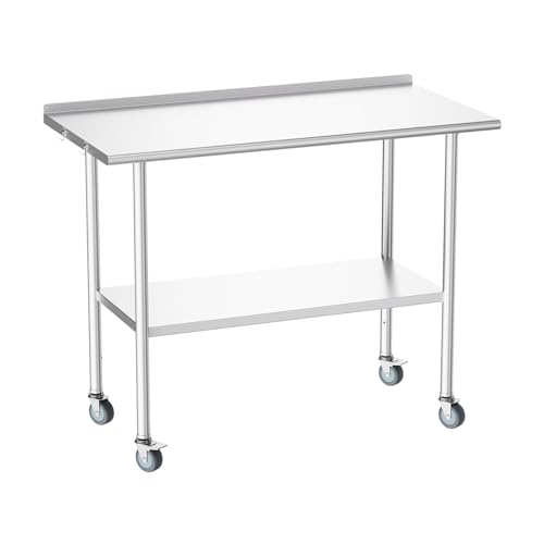 Image of Atelicf All-Stainless Steel Prep Table, 24 x 48 Inch, with Rounded-Corner Backsplash, Casters and Adjustable Undershelf, Heavy-Duty Build for Outdoor Use, Restaurants, Kitchens, Gardens, and Garages