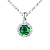 MicLee 925 Sterling Silver Gemstone Necklace for Women Green Round Zirconia Necklets Pendant Sparkling Emerald Chokers Elegant Bridal Wedding Party Prom Jewelry