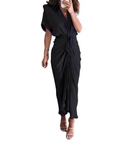 Useagrey Women's Button Down Shirt Dress, V Neck Belted Button Down Elegant Ruched Midi Dresses