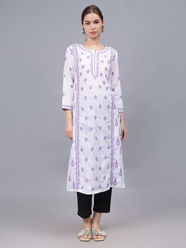 Image of Seva Chikan Hand Embroidered Lucknowi Chikankari Cotton Straight Kurta for Women SCL4567