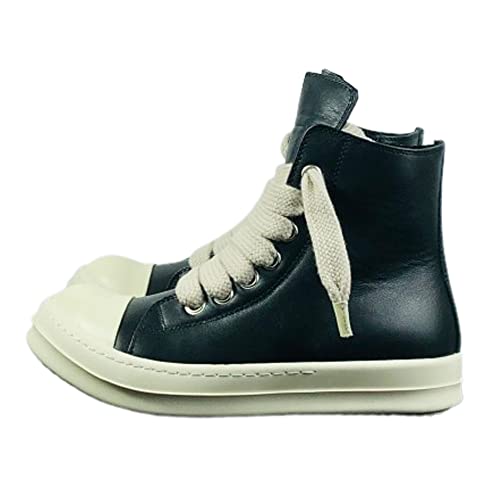 Women Men Casual Leather Ankle Boots Lace Up Sneaker Zip High-TOP Flats Fashion Pink Black Shoes (Black big lace Women/Men 13/11)