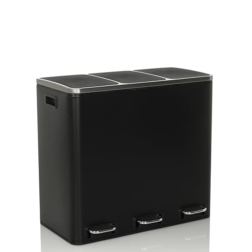 hjh OFFICE Mülleimer 3 x 18L CLEAN IX Metall, Mülltrennsystem, Abfalleimer mit Softclose, Treteimer mit 3 Fächer, Schwarz