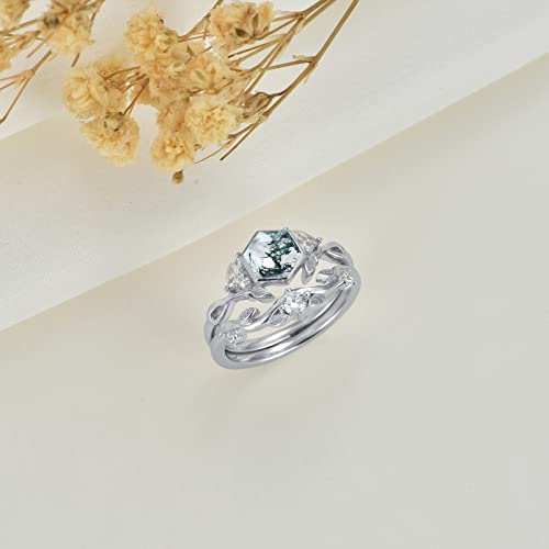 925 Sterling Silver Hexagonal Natural Moss Agate Engagement Ring for Women CZ Stackable Promise Rings Jewelry Set 6