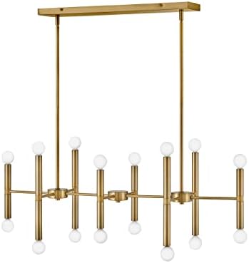Lark Millie 16-Light Linear Chandelier, Midcentury Modern, (8) Double-Ended Candle Socket Rods, Shown with G16.5 Bulbs, Lacquered Brass Finish