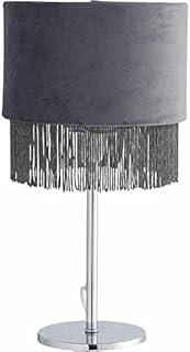 wilko Slate Fringed Velvet Table Lamp, Contemporary Table Lamp with Sleek Base, Steel Fringed Table Lamp, H33.5 x Dia 18cm