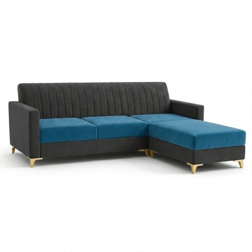 Image of CASASTYLE Signature Groovy 4-Seater L-Shape Sofa Set with Movable Ottoman | Flexible LHS /RHS Layout | Boston Fabric & Plush Cushions | 40D Foam + Zigzag Spring | 3-Yr Warranty (Dark Grey-Aqua Blue)